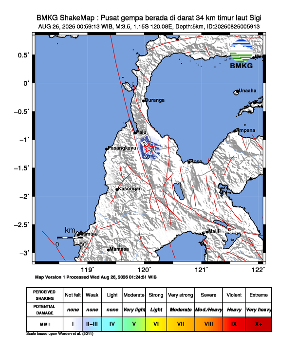 Gempa Magnitudo 3.5, 34km dari timur laut Sigi