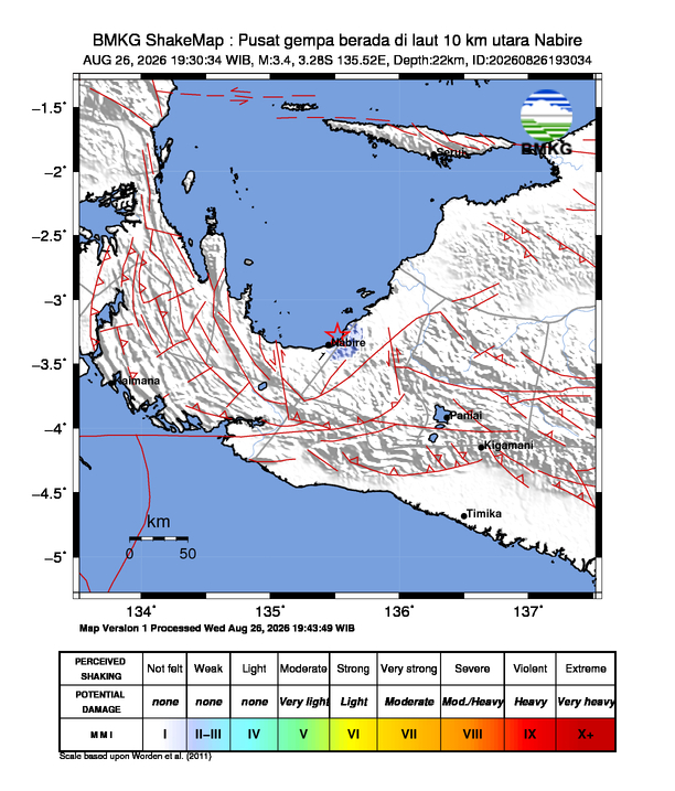 Gempa Magnitudo 3.4, 10km dari utara Nabire