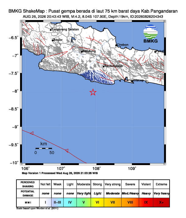 Gempa Magnitudo 4.2, 75km dari barat daya Kab.Pangandaran