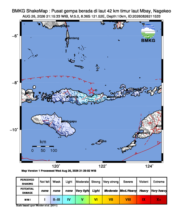 Peta gempa Pusat gempa berada di laut 42 km timur laut Mbay, Nagekeo
