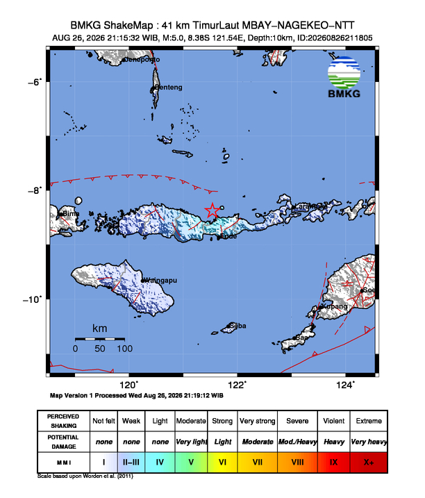 Peta gempa 41 km TimurLaut MBAY-NAGEKEO-NTT