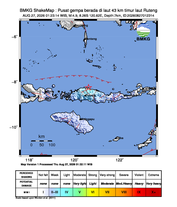 Gempa Magnitudo 4.9, 43km dari timur laut Ruteng