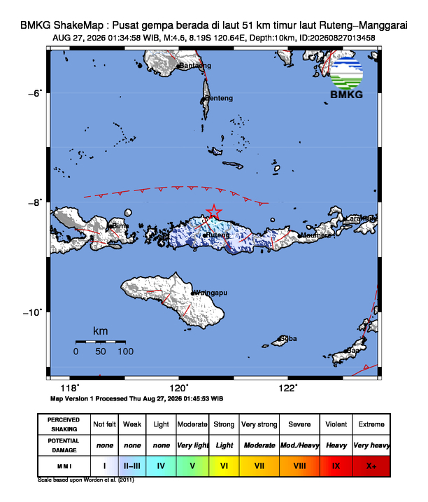 Gempa Magnitudo 4.6, 51km dari timur laut Ruteng-Manggarai