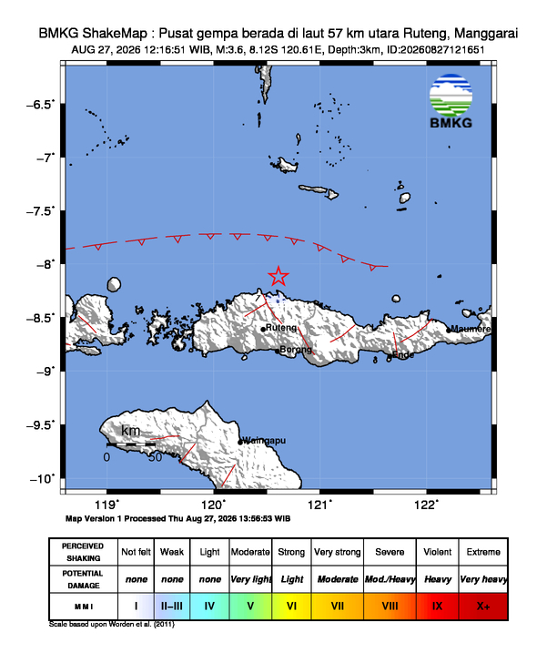 Gempa Magnitudo 3.6, 57km dari utara Ruteng, Manggarai