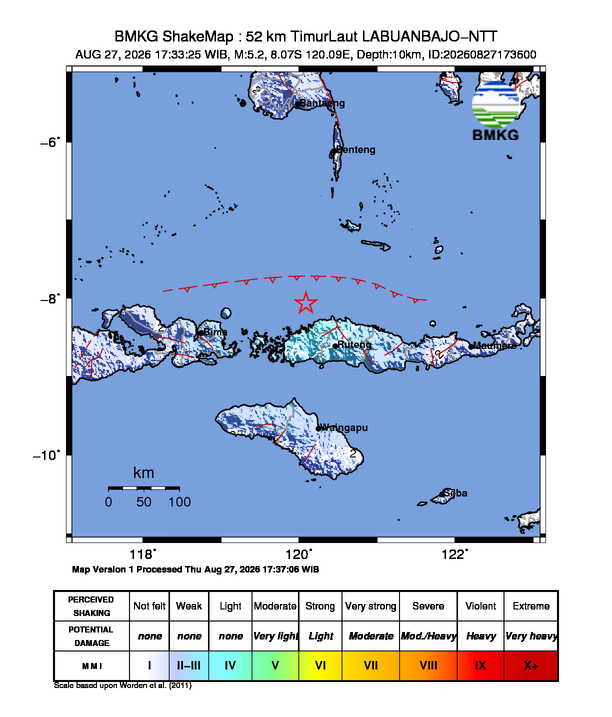 Peta gempa 52 km TimurLaut LABUANBAJO-NTT
