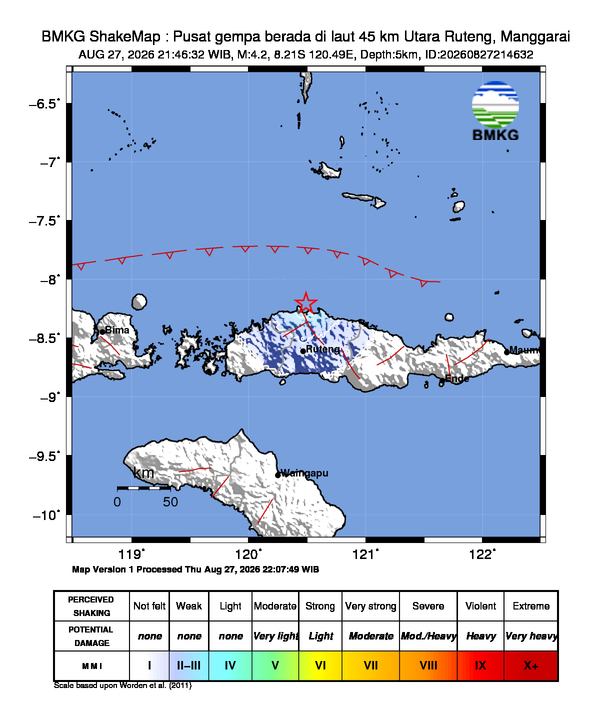 Gempa Magnitudo 4.2, 45km dari Utara Ruteng, Manggarai