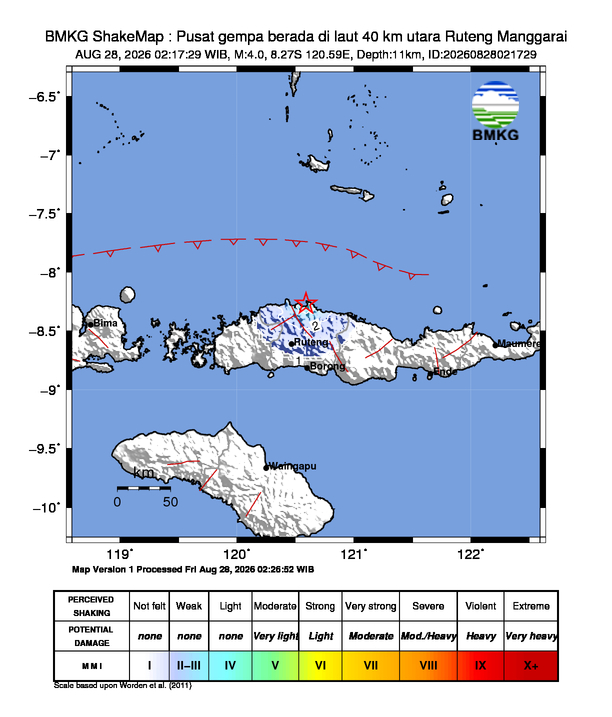Gempa Magnitudo 4.0, 40km dari utara Ruteng Manggarai