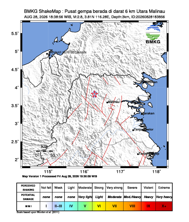 Gempa Magnitudo 2.8, 6km dari Utara Malinau