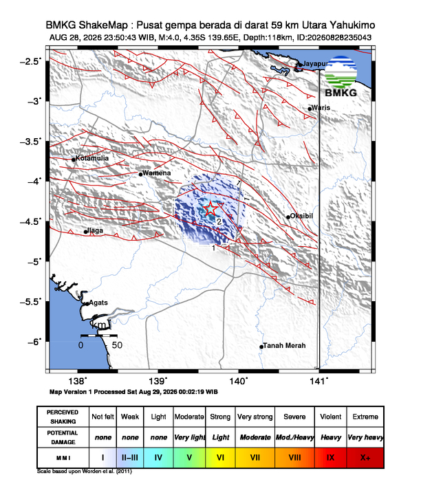 Gempa Magnitudo 4.0, 59km dari Utara Yahukimo