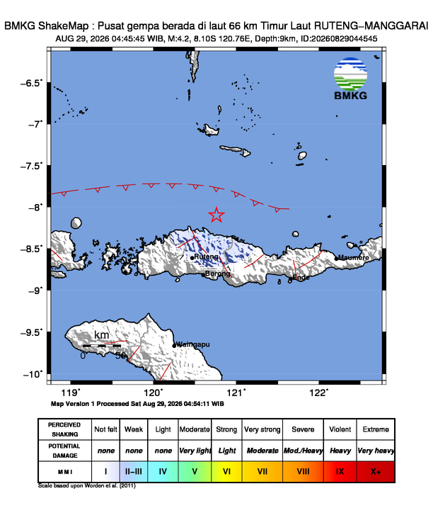 Gempa Magnitudo 4.2, 66km dari Timur Laut RUTENG-MANGGARAI