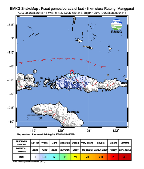 Gempa Magnitudo 4.3, 46km dari utara Ruteng, Manggarai