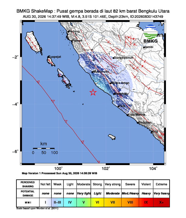 Gempa Magnitudo 4.8, 82km dari barat Bengkulu Utara