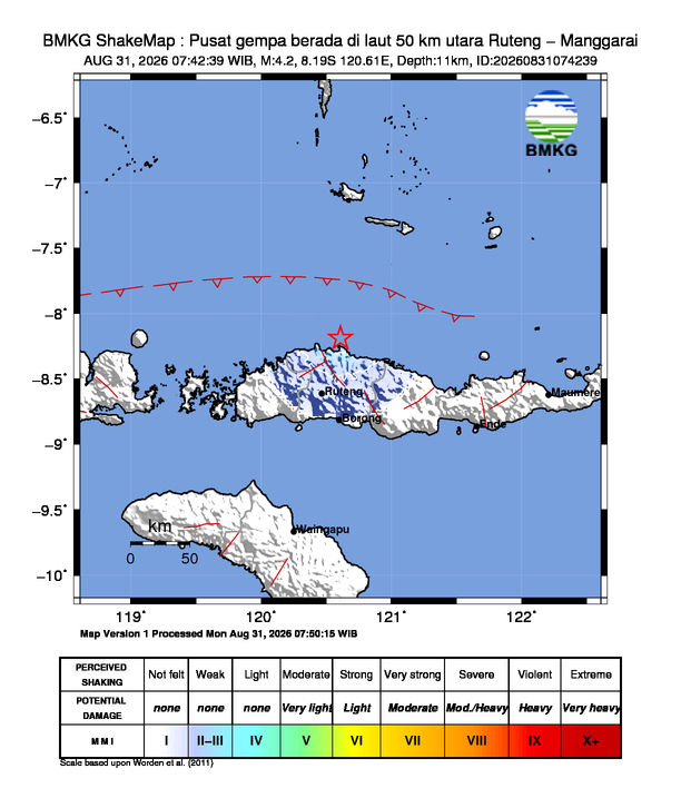 Gempa Magnitudo 4.2, 50km dari utara Ruteng - Manggarai