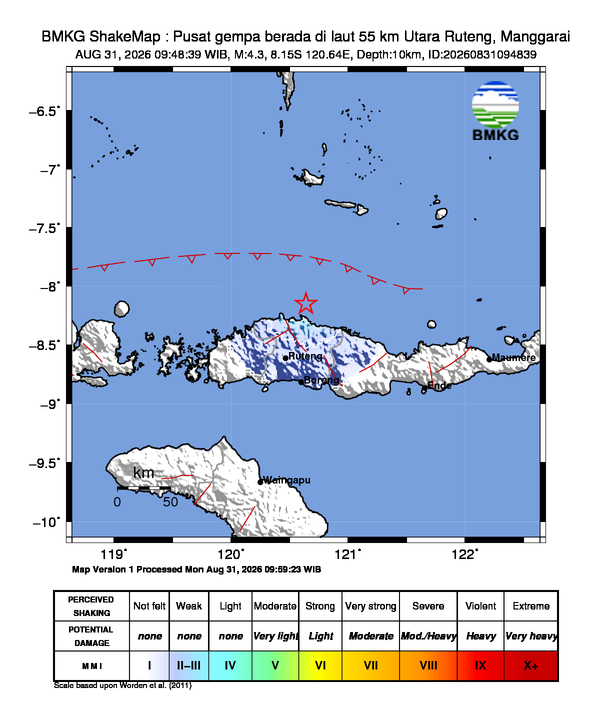 Gempa Magnitudo 4.3, 55km dari Utara Ruteng, Manggarai