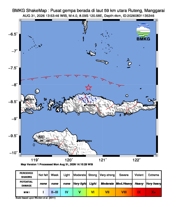 Gempa Magnitudo 4.0, 59km dari utara Ruteng, Manggarai