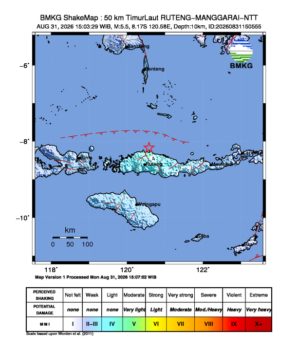 Peta gempa 50 km TimurLaut RUTENG-MANGGARAI-NTT