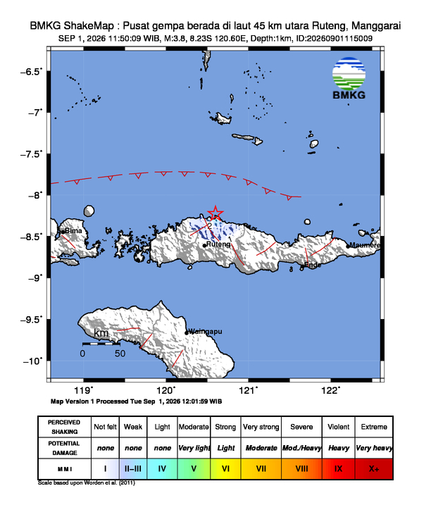 Gempa Magnitudo 3.8, 45km dari utara Ruteng, Manggarai