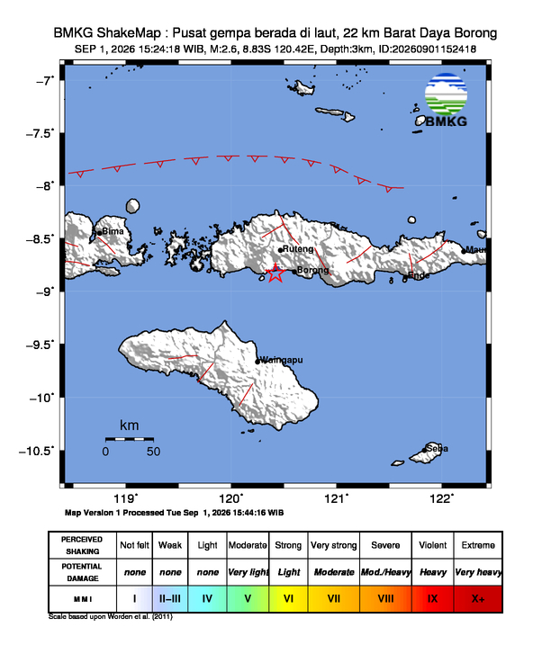 Gempa Magnitudo 2.6, Pusat gempa berada di laut, 22km dari Barat Daya Borong