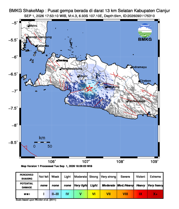 Gempa Magnitudo 4.3, 13km dari Selatan Kabupaten Cianjur, Jawa Barat