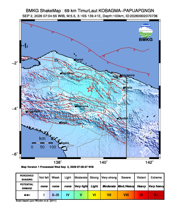 Gempa Magnitudo 5.5, 69km dari Timur Laut Kobagma, Papua Pegunungan
