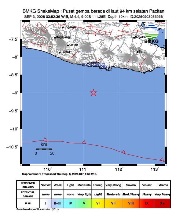 Gempa Magnitudo 4.4, 94km dari Selatan Pacitan, Jawa Timur
