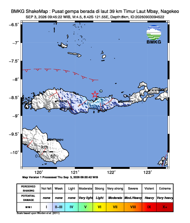 Gempa Magnitudo 4.5, 39km dari Timur Laut Mbay, Nagekeo, NTT