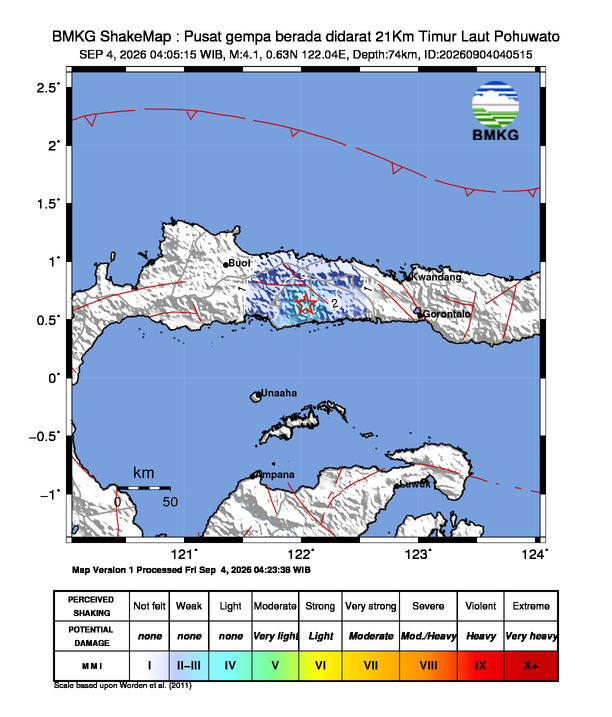 Gempa Magnitudo 4.1, 21Km Timur Laut Pohuwato, Gorontalo