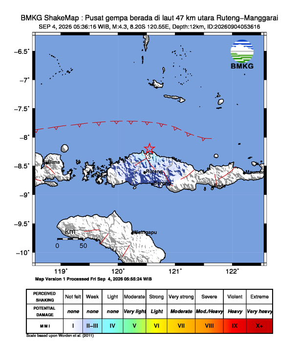 Gempa Magnitudo 4.3, 47km dari utara Ruteng, Manggarai, Nusa Tenggara Timur