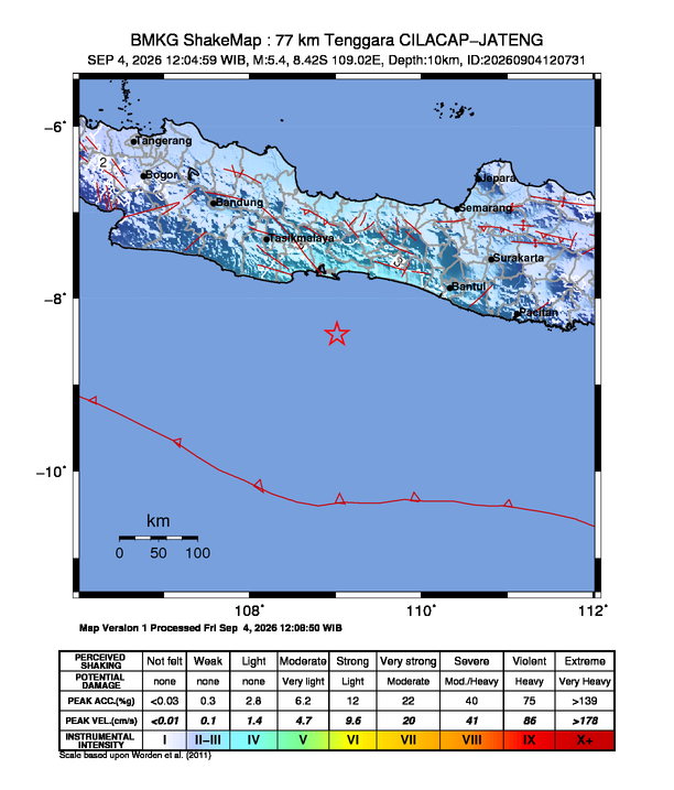Gempa Magnitudo 5.4, 77km dari Tenggara Cilacap, Jawa Tengah