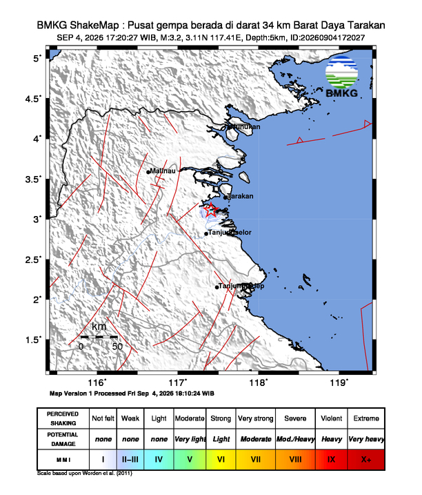 Gempa Magnitudo 3.2, 34km dari Barat Daya Tarakan, Kalimantan Utara
