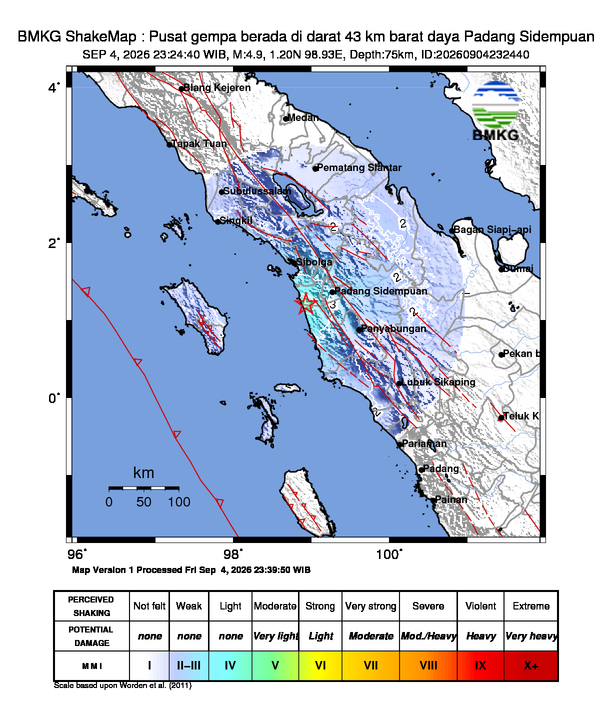Gempa Magnitudo 4.9, 43km dari Barat daya Padang Sidempuan, Sumatera Utara