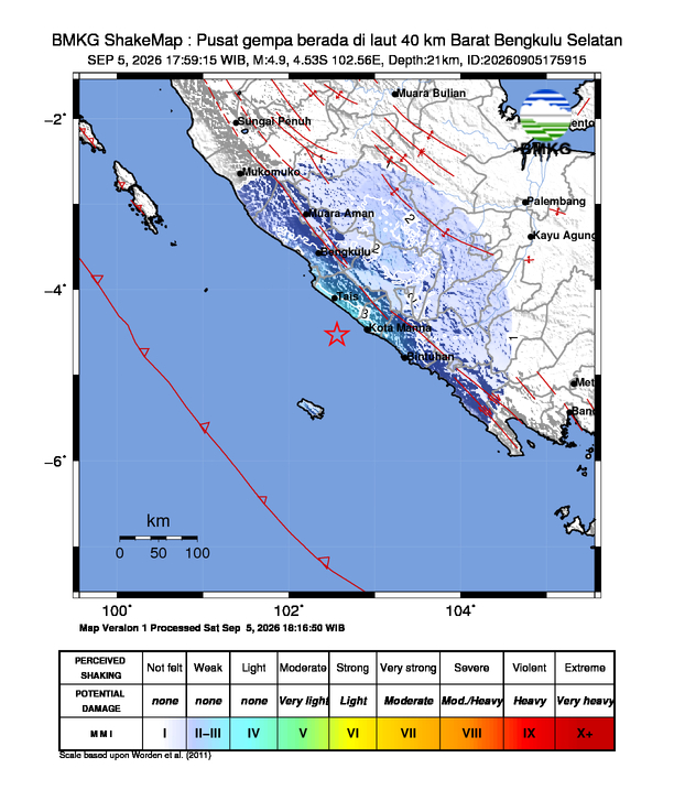 Gempa Magnitudo 4.9, 40km dari Barat Bengkulu Selatan, Bengkulu