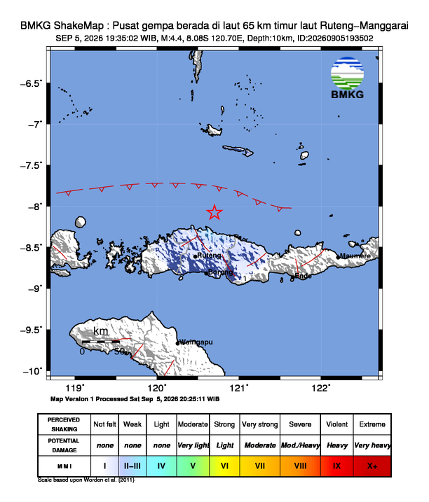 Gempa Magnitudo 4.4, 65km dari timur laut Ruteng, Manggarai, Nusa Tenggara Timur