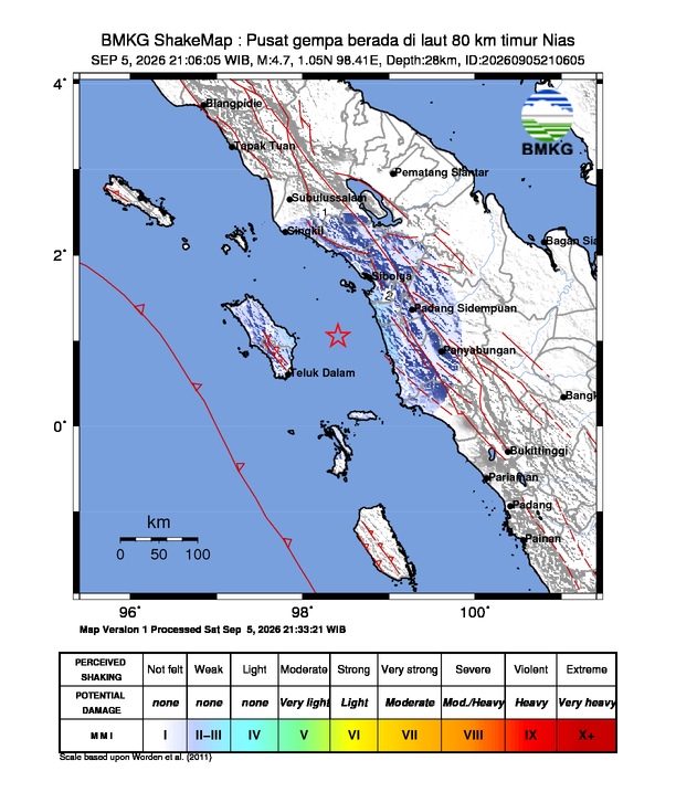 Gempa Magnitudo 4.7, 80km dari Timur Nias, Sumatera Utara