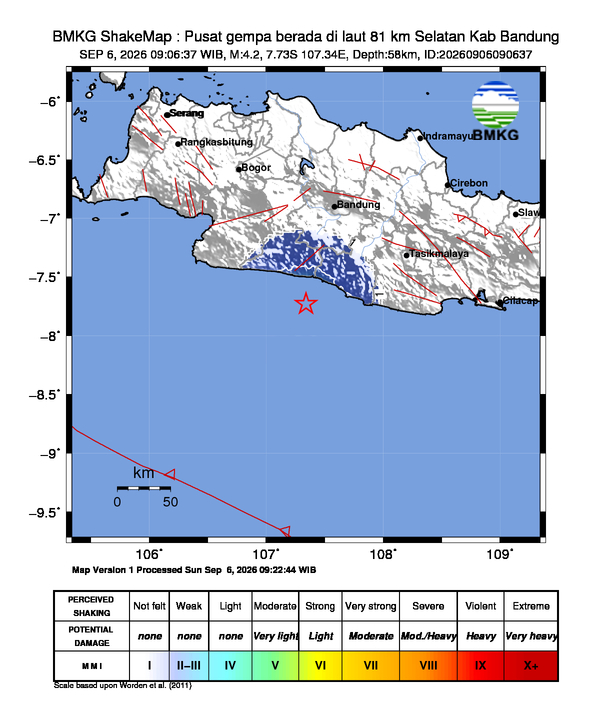 Gempa Magnitudo 4.2, 81km dari Selatan Bandung, Jawa Barat
