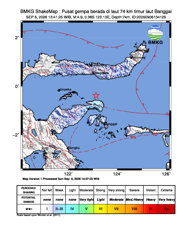 Gempa Magnitudo 4.9, 74km dari Timur Laut Banggai, Sulawesi Tengah