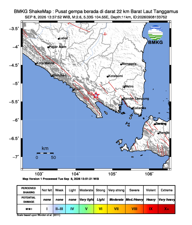 Gempa Magnitudo 2.6, 22km dari Barat Laut Tanggamus, Lampung
