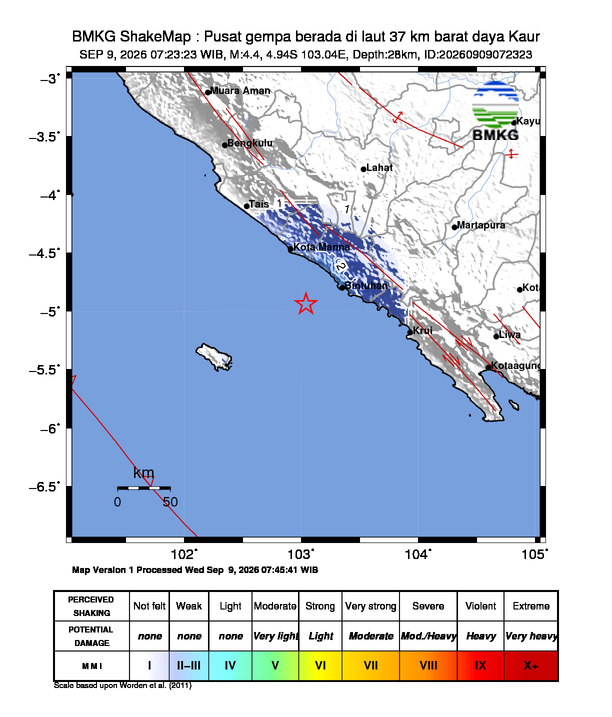 Gempa Magnitudo 4.4, 37km dari barat daya Kaur, Bengkulu