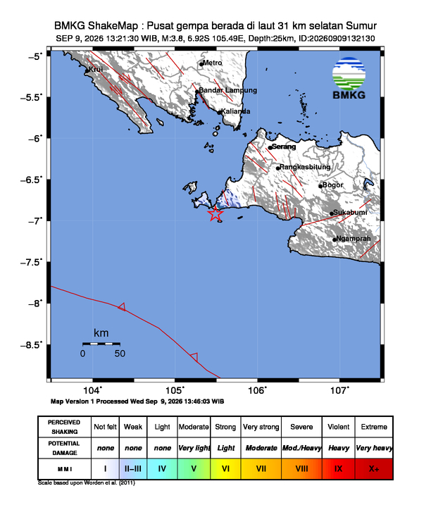 Gempa Magnitudo 3.8, 31km dari Selatan Sumur, Bandung, Jawa Barat