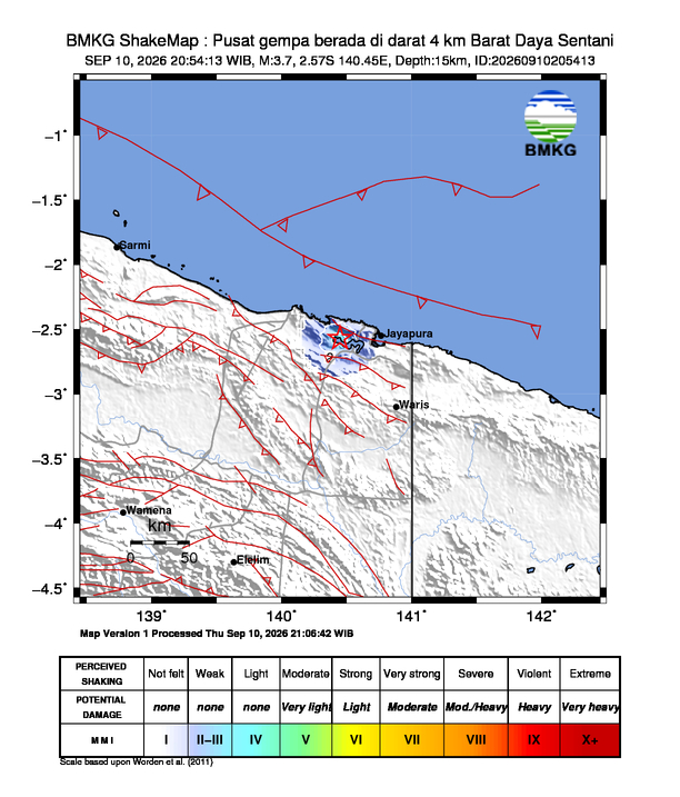 Gempa Magnitudo 3.7, 4km dari Barat Daya Sentani, Papua