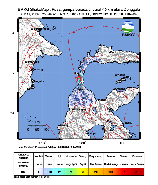 Gempa Magnitudo 4.7, 40km dari Utara Donggala, Sulawesi Tengah