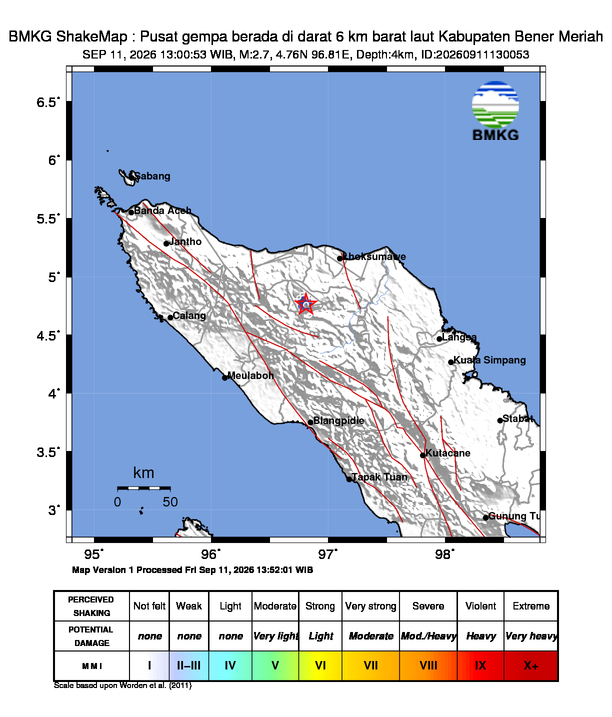 Gempa Magnitudo 2.7, 6km dari Barat Laut Kabupaten Bener Meriah, Aceh