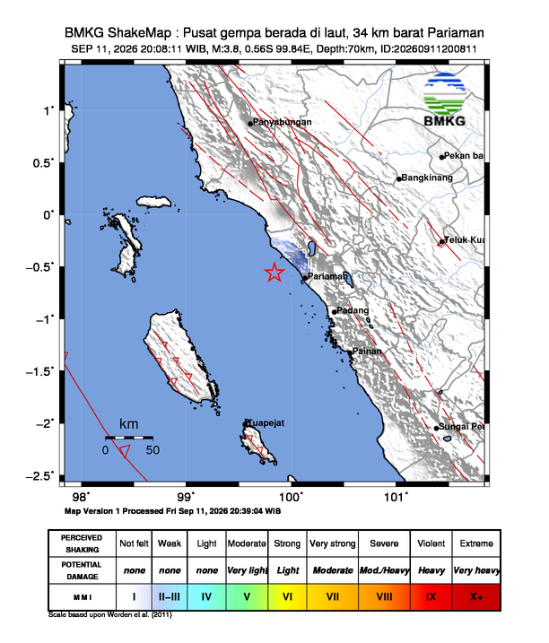 Gempa Magnitudo 3.8, 34km dari Barat Pariaman, Sumatera Barat
