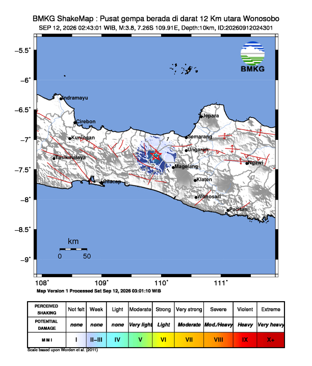 Gempa Magnitudo 3.8, 12 Km Utara Wonosobo, Jawa Tengah