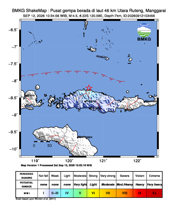 Gempa Magnitudo 4.5, 46km dari Utara Ruteng, Manggarai, Nusa Tenggara Timur