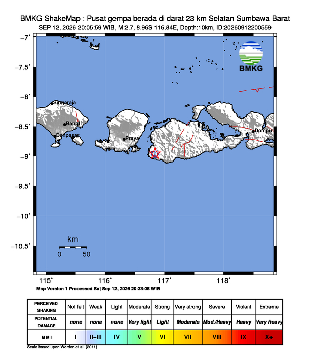 Gempa Magnitudo 2.7, 23km dari Selatan Sumbawa Barat, Nusa Tenggara Barat