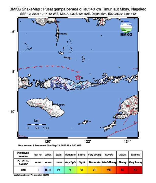 Gempa Magnitudo 4.7, 48km dari Timur Laut Mbay, Nagekeo, Nusa Tenggara Timur