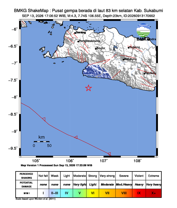 Gempa Magnitudo 4.3, 83km dari Selatan Sukabumi, Jawa Barat
