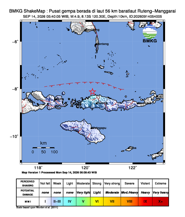 Gempa Magnitudo 4.9, 56km dari Barat Laut Ruteng Manggarai, Nusa Tenggara Timur
