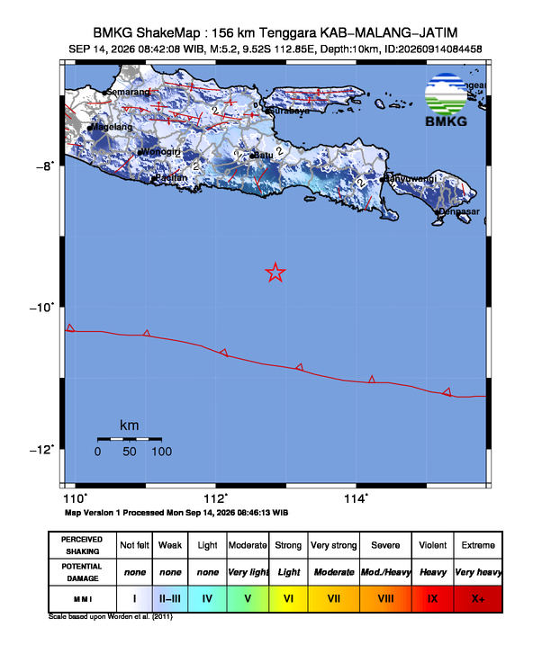 Gempa Magnitudo 5.2, 156km dari Tenggara Malang, Jawa Timur